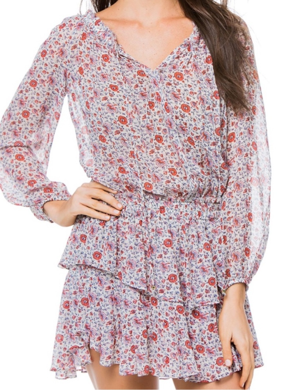 LoveShackFancy Pink Red Floral Tiered Ruffle Mini Dress